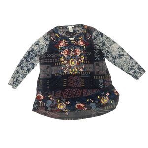 John Mark Shirt Womens Large L Blue Boho Embroidered Art To Wear Artsy Tunic Top